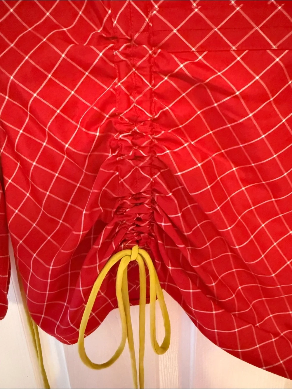 Tory Burch 100% Silk Red Windowpane Ruched Drawstring Blouse Size 4 long sleeve